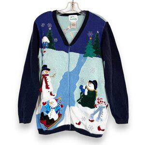 Vintage Quacker Factory Christmas Holiday Sweater Blue Embroidered Patches Large